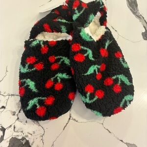 Fuzzy Black Slipper Socks with Red and Green Dots